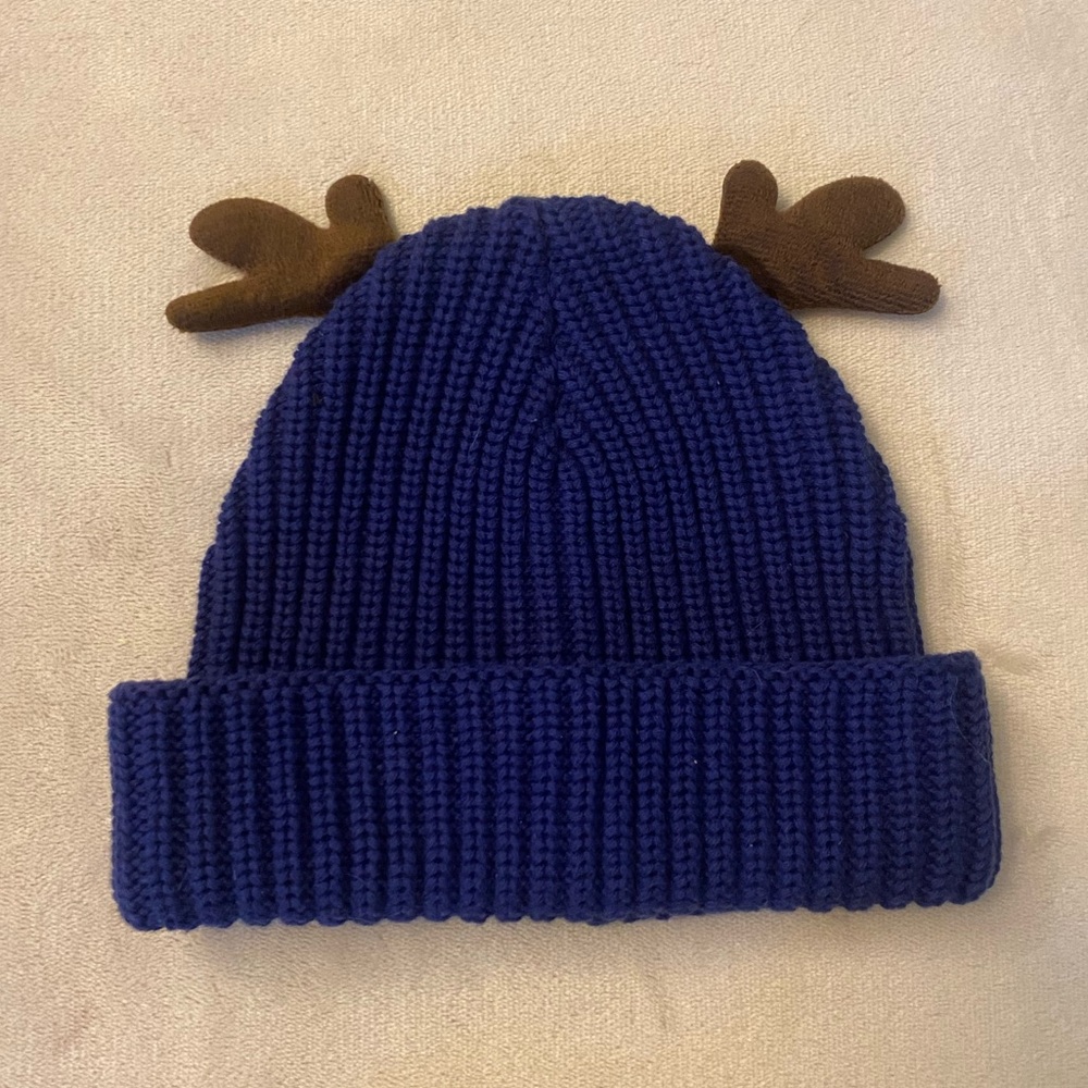 Kids Blue Knit Hat with Brown Antlers